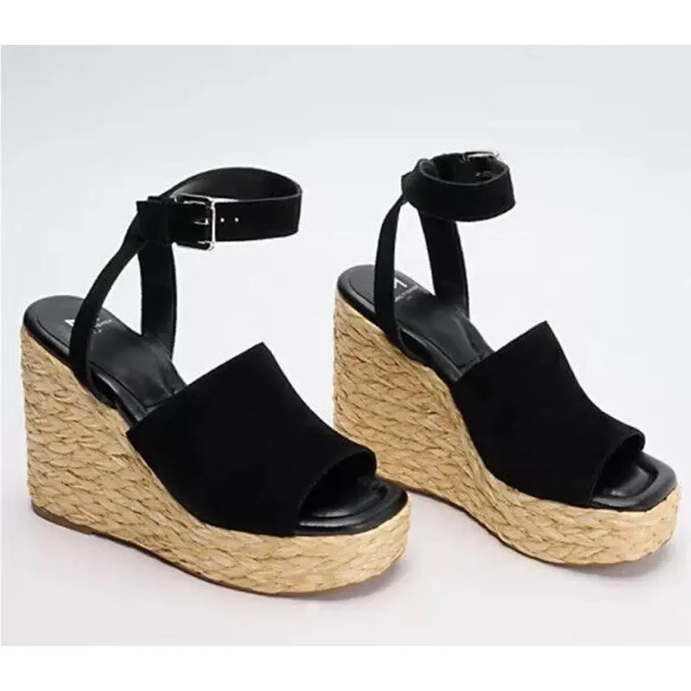 New Marc Fisher LTD Nelly Suede Espadrille Wedge Sandals Ankle Strap Black 10M